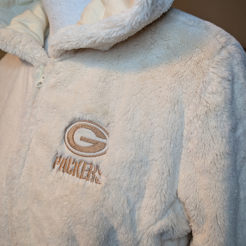 Womens NFL GREEN BAY PACKER Full Zip Logo Cream Faux Fur Jacket SZ M - Picture 6 of 14